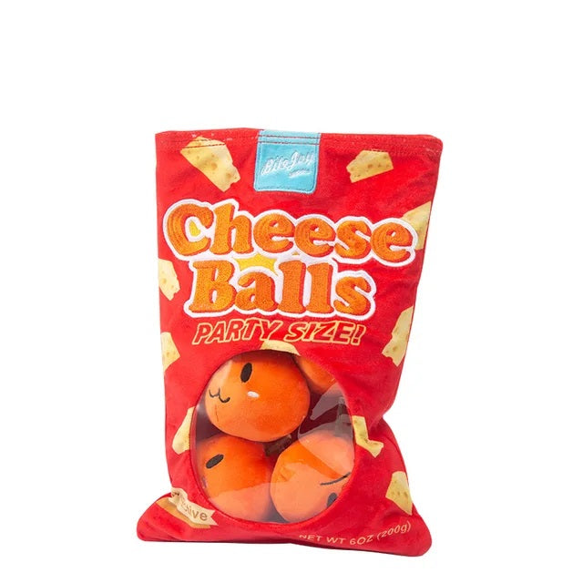 Party size cheese balls in vibrant red packaging with playful design, featuring smiling cheese ball illustrations. Perfect for snacks and gatherings.