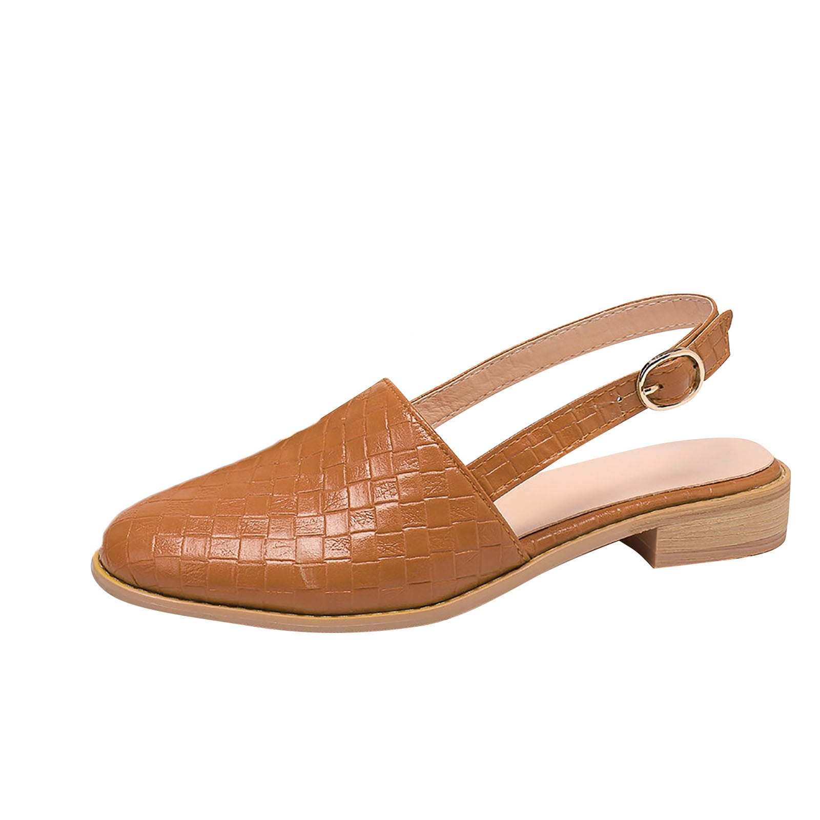 Women's tan woven leather slingback sandal with low block heel, featuring adjustable ankle strap. Perfect for casual summer fashion and comfort.