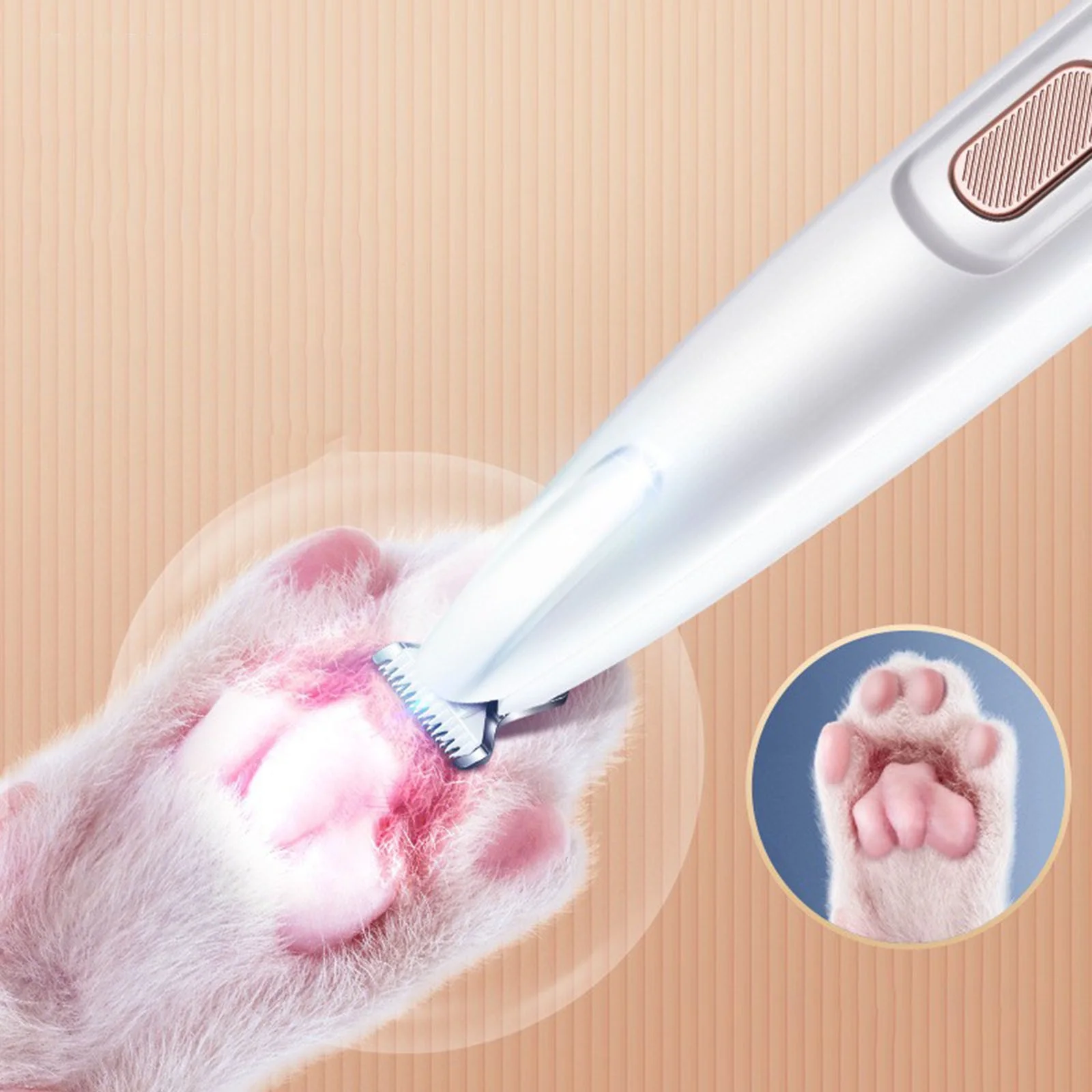 Pet paw trimmer grooming tool for cats and dogs, featuring a close-up of a white trimmer on a pink paw. Ideal for pet grooming and hygiene.