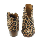 Leopard print ankle boots with block heels, featuring a back zipper closure. Stylish women's footwear for fashion-forward, casual outfits.