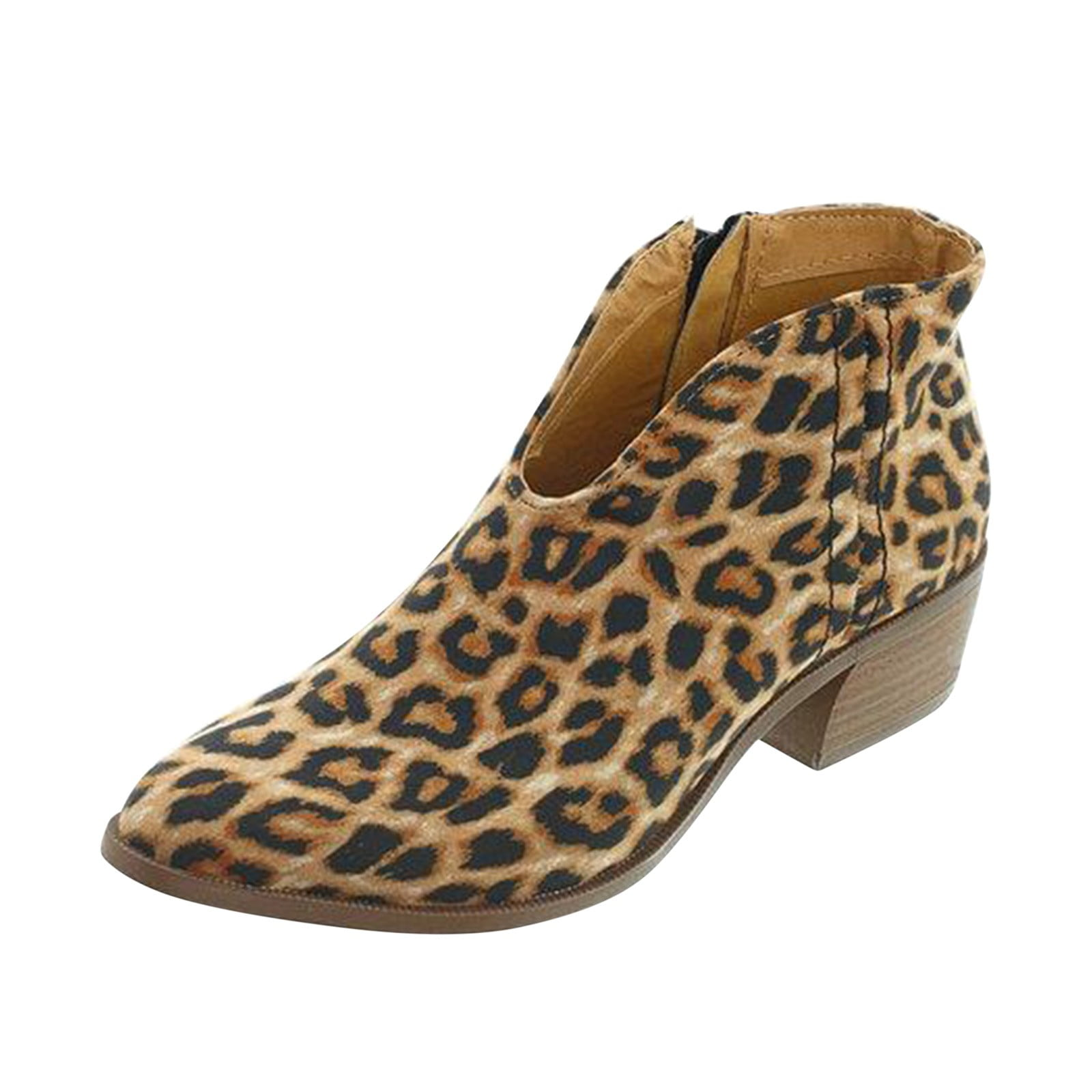 Leopard print ankle boot with low block heel, side zipper, and pointed toe. Stylish women's footwear, perfect for casual and trendy outfits.