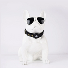 White ceramic French Bulldog statue wearing black sunglasses and a stylish collar, perfect for modern home decor and pet-themed gifts.