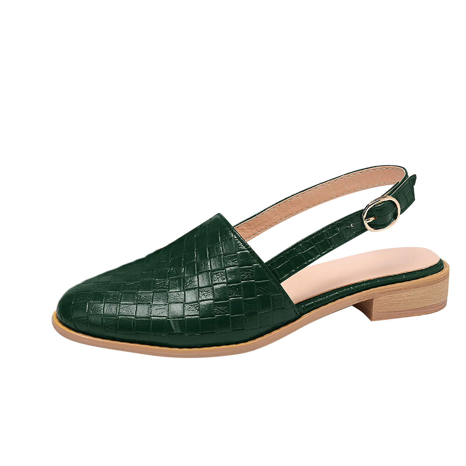 Green woven leather slingback shoe with low wooden heel, featuring a buckle strap. Stylish women's footwear, perfect for casual and formal wear.