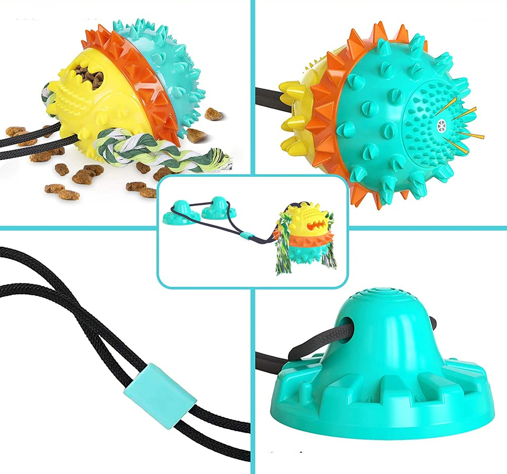 Colorful interactive dog toy with suction cup, chew ball, and rope; durable pet play accessory for dental health and entertainment.