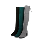 Three stylish over-the-knee boots in black, teal, and gray suede with block heels, perfect for fall fashion and women's footwear trends.