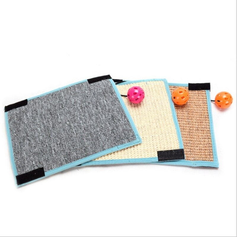 Cat scratching pads set with three textured mats and orange toy balls, ideal for pet play and claw maintenance. Durable, non-slip design.