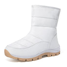 White winter snow boot with insulated lining, durable rubber sole, and camouflage pattern. Ideal for cold weather, outdoor activities, and hiking.