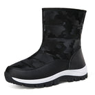 Black camouflage winter boot with thick sole, insulated lining, and durable design. Ideal for outdoor activities and cold weather. Men's footwear.