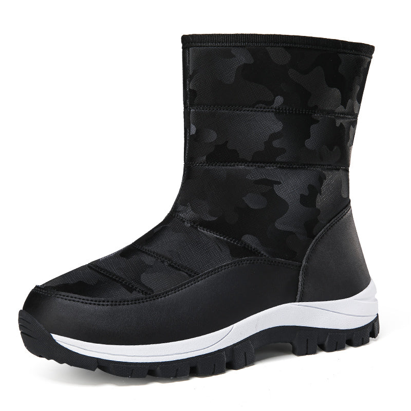 Black camouflage winter boot with thick sole, insulated lining, and durable design. Ideal for cold weather, outdoor activities, and snow protection.