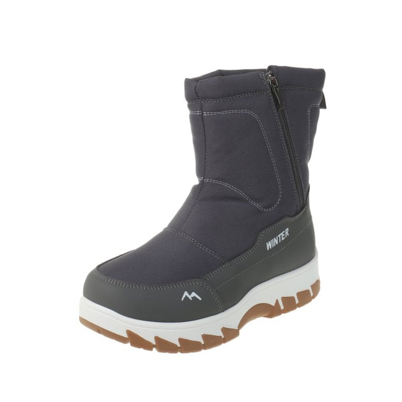 Men's winter snow boot with black upper, white sole, and side zipper. Durable, waterproof footwear ideal for cold weather and outdoor activities.