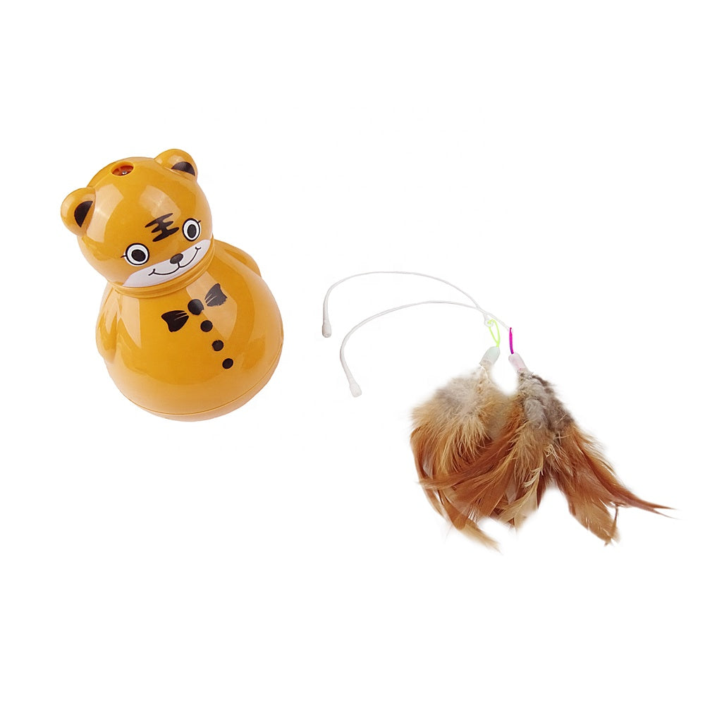 Toy tiger-shaped cat toy with feather attachment, interactive pet play, durable plastic, engaging design, perfect for indoor cats, playful activity.