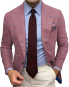 Men's pink plaid blazer, blue shirt, burgundy tie, white pants, stylish formal outfit.