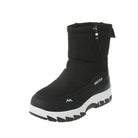 Black winter boot with side zipper, thick white sole, and "Winter" text. Ideal for snow, outdoor activities, and cold weather. Durable and stylish footwear.