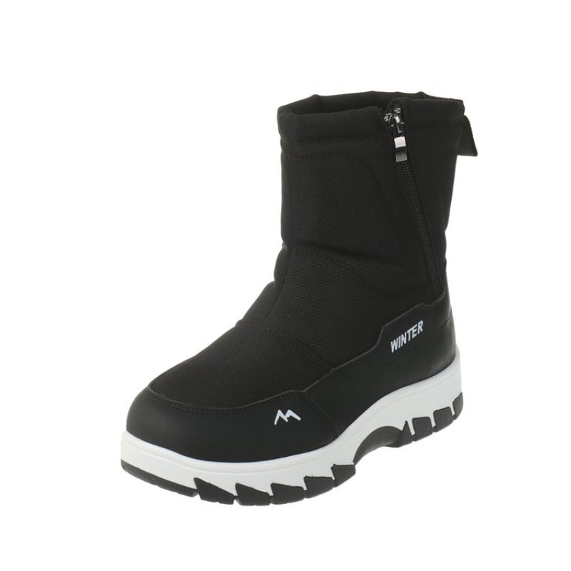 Black winter boot with side zipper, thick white sole, and "WINTER" text. Ideal for snow and cold weather. Durable, stylish footwear for outdoor activities.