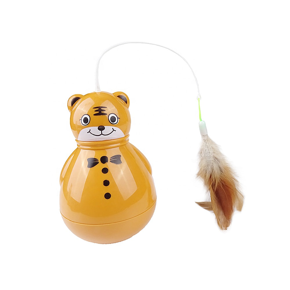 Cute orange cat toy with feather teaser, interactive pet plaything, durable plastic, ideal for engaging and entertaining cats, fun feline accessory.