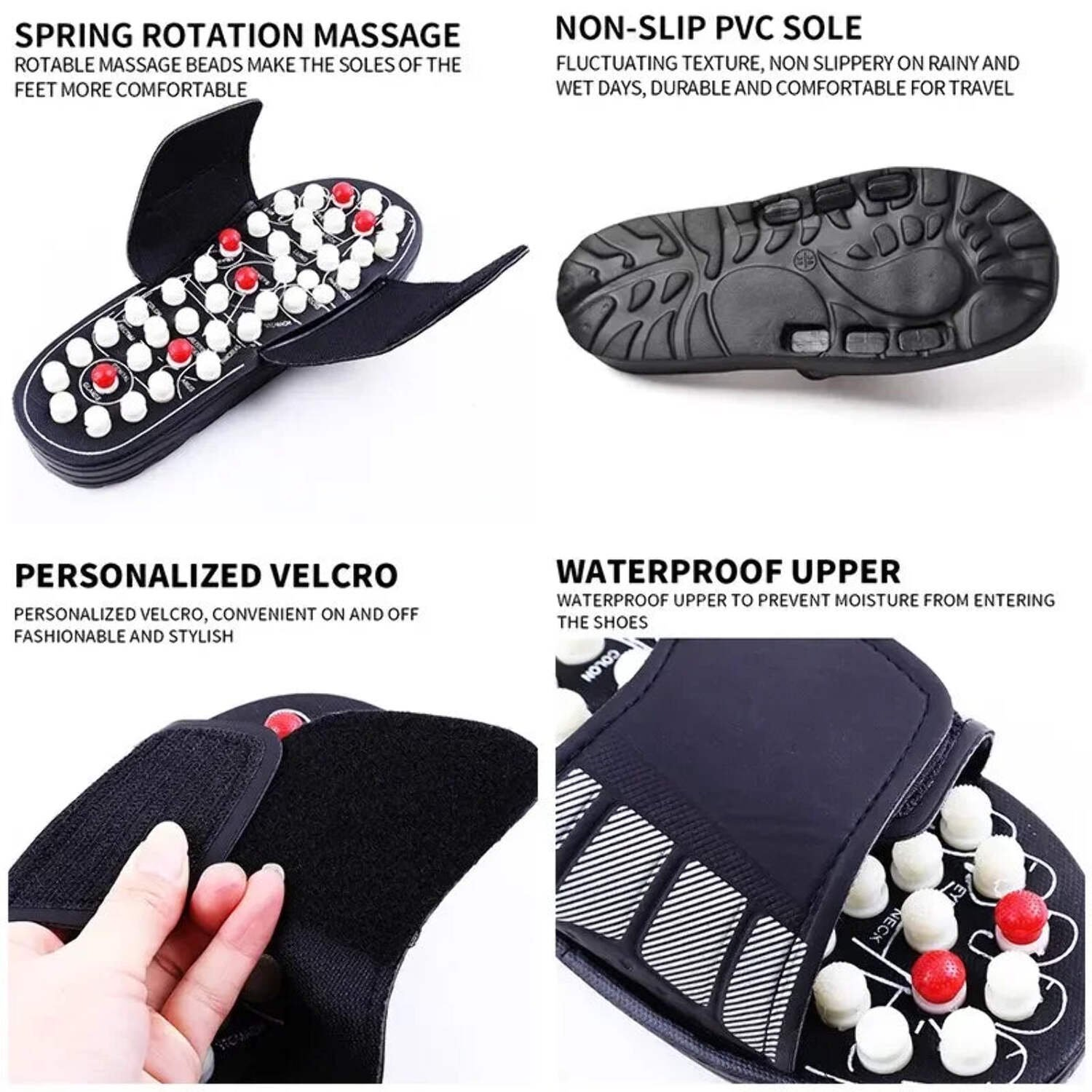 Acupressure massage slippers with spring rotation beads, non-slip PVC sole, personalized Velcro, and waterproof upper for foot therapy and comfort.