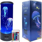 Jellyfish lamp with LED color-changing lights, remote control, and packaging box. Perfect for home decor, relaxation, and ambient lighting.