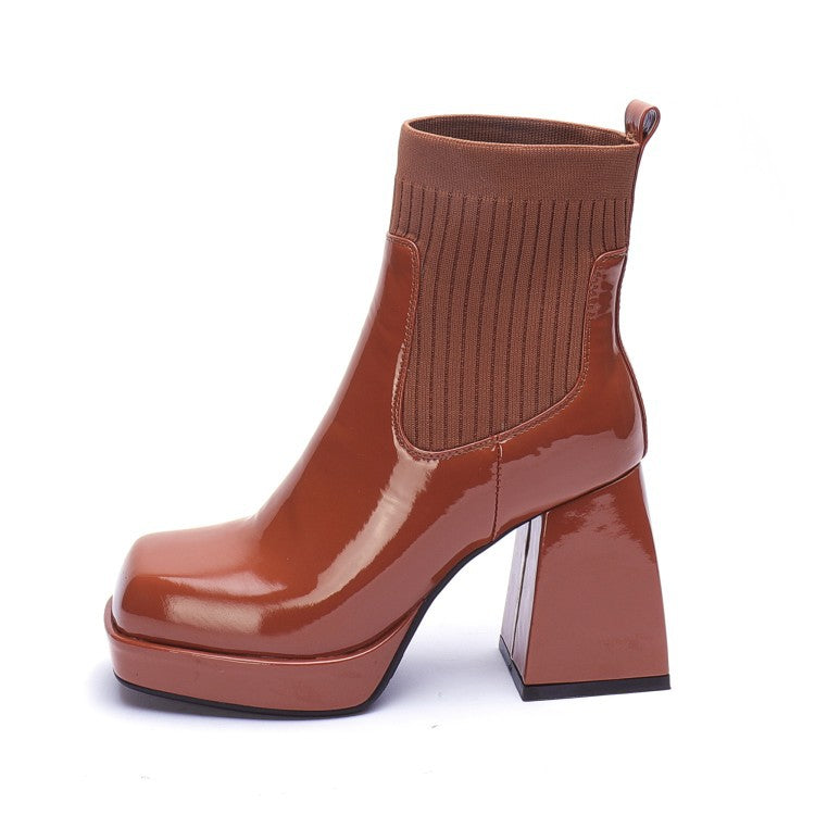 Brown patent leather ankle boot with chunky block heel and ribbed elastic cuff, stylish women's footwear, modern fashion shoe design.