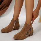 Tan suede ankle boots with side zippers, worn by a person adjusting them. Fashionable women's footwear, low block heel, stylish fall outfit accessory.