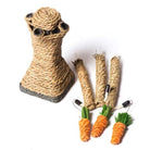 Natural sisal cat scratching post with carrot toys, durable pet furniture for claw sharpening, interactive play, eco-friendly design, home decor.