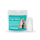 Pet teeth cleaning finger wipes container with 50 pieces, featuring a dog and cat image. Freshens breath, removes plaque, tartar; unscented.