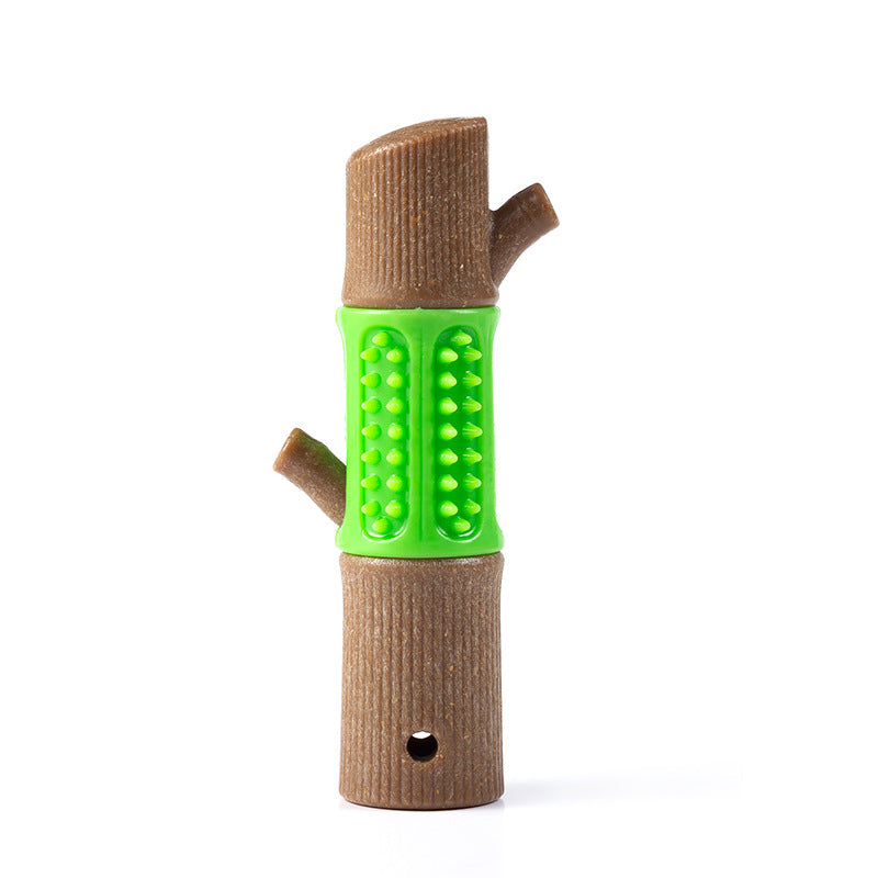 Dog chew toy shaped like a brown tree branch with a green textured center, designed for dental health and interactive play. Durable pet accessory.