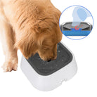 Dog drinking from a spill-proof water bowl with anti-splash design, featuring a floating disk to prevent spills and keep water clean. Ideal for pets.