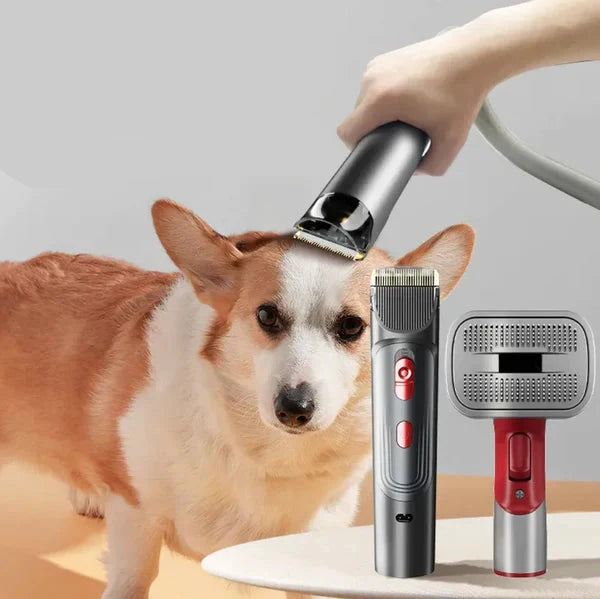 Dog grooming kit with electric clippers and brush, featuring a Corgi being groomed. Ideal for pet grooming, dog care, and home grooming tools.