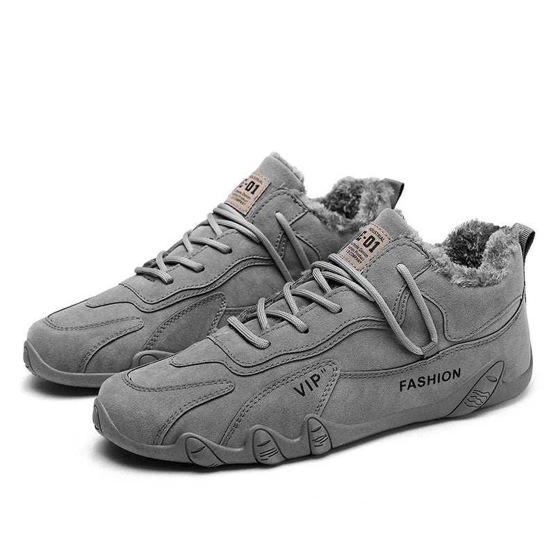 Men's gray leather winter boots with fur lining, lace-up design, and "VIP FASHION" branding. Casual, stylish footwear for men.