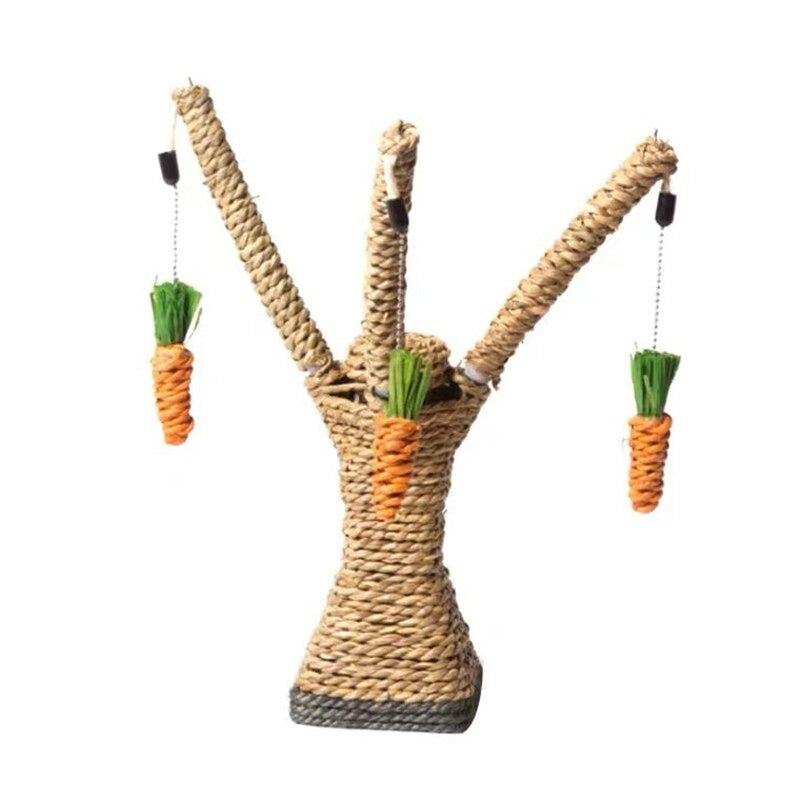 Cat scratching post with carrot toys, natural sisal rope, interactive pet furniture, durable design, promotes healthy scratching behavior.