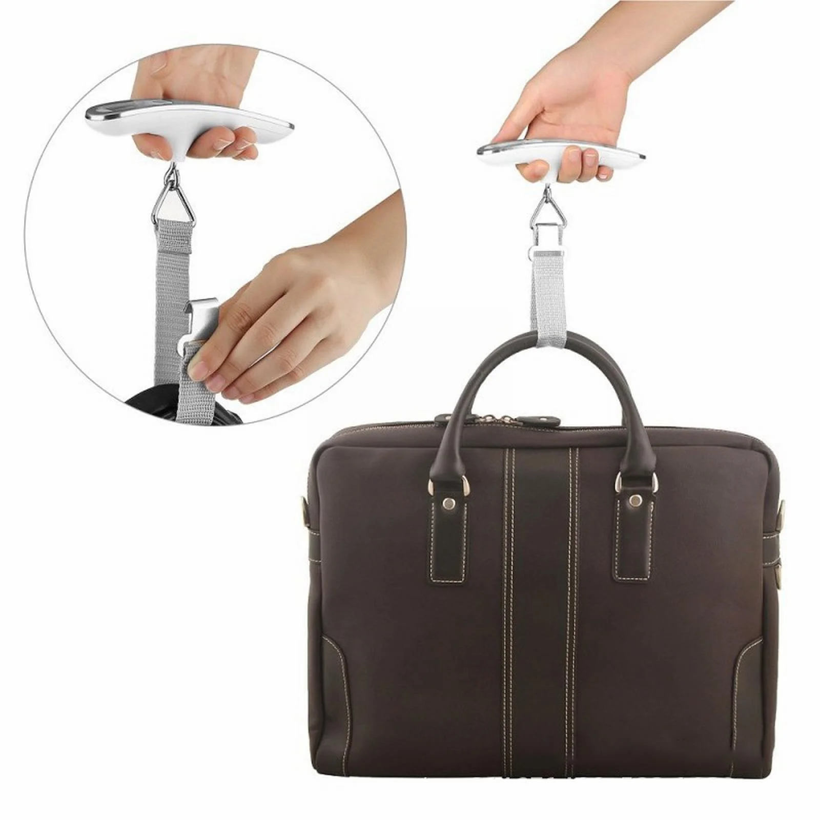 Portable digital luggage scale weighing a brown leather suitcase, featuring a hand holding the scale. Ideal for travel, accurate weight measurement.