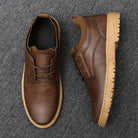 Men's brown leather casual shoes with lace-up design, rubber sole, and textured finish on gray carpet. Stylish footwear for everyday wear.