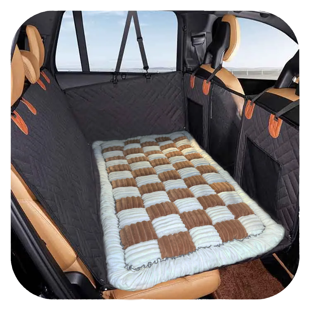 Car backseat pet bed cover, quilted design, brown and white checkered pattern, waterproof, non-slip, ideal for dog travel, SUV interior protection.