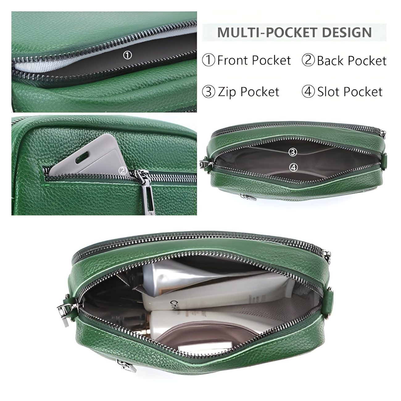 Green leather crossbody bag with multi-pocket design, featuring front, back, zip, and slot pockets. Ideal for organized storage and easy access.