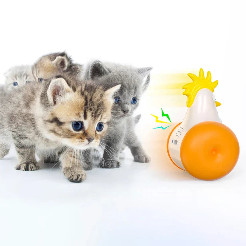 Cute kittens curiously approach a colorful, interactive chicken toy with a bright orange base, perfect for pet playtime and entertainment.