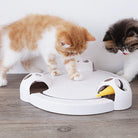 Two kittens play with an interactive cat toy featuring a rotating mouse on a wooden floor. Perfect for pet entertainment and exercise.