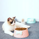 Fluffy white and brown cat lying beside a pink ceramic pet food bowl filled with kibble, featuring a decorative bow, on a gray carpet.