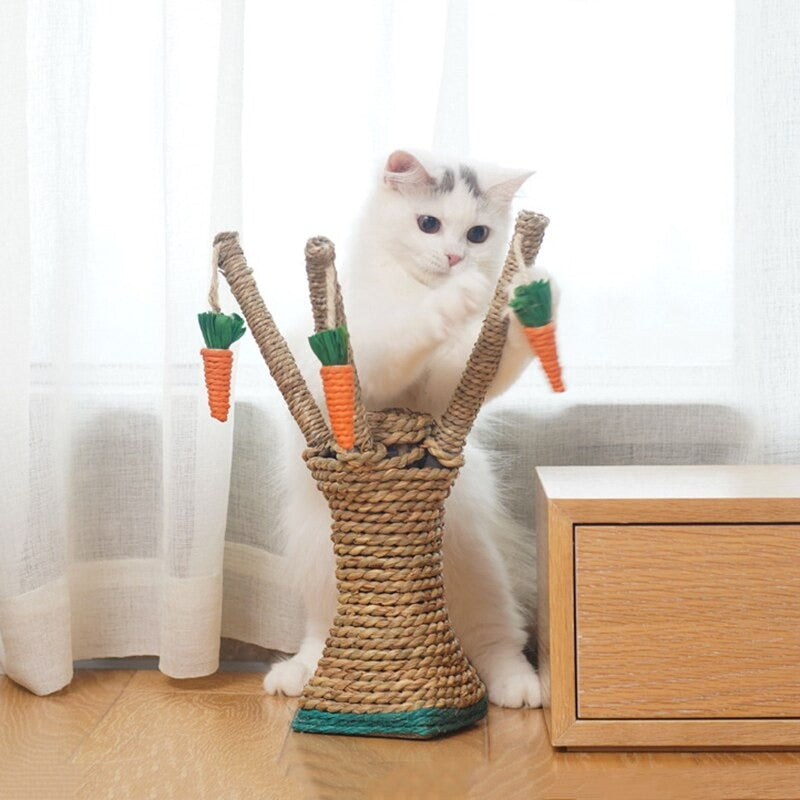 White cat playing with a carrot-themed sisal rope scratching post near a wooden cabinet, ideal for pet owners seeking stylish cat furniture.