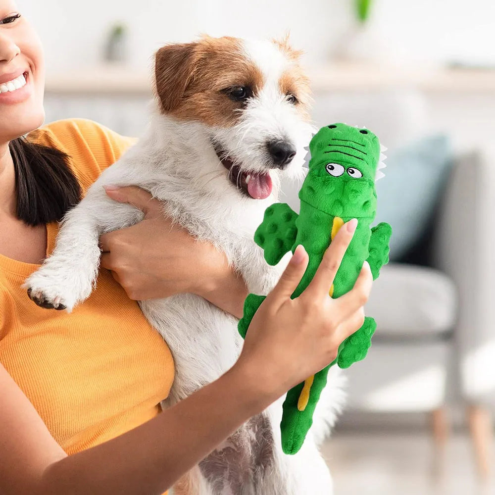 Woman holding a happy dog and a green dinosaur plush toy. Pet owner bonding with Jack Russell Terrier. Dog toy, pet care, home setting.