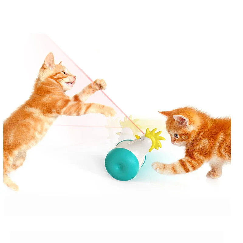 Two playful orange kittens interact with an automatic laser toy on a white background, engaging in fun and exercise. Perfect pet entertainment accessory.