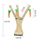 Cat scratching post with hanging carrot toys, made of natural sisal rope. Dimensions: 33cm height, 10cm base width. Ideal for playful cats.