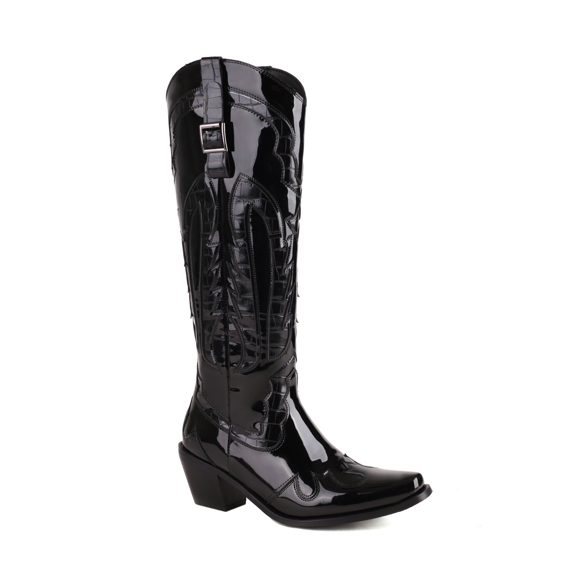 Shiny black patent leather cowboy boot with pointed toe, mid-calf height, decorative stitching, and low block heel. Stylish western footwear.