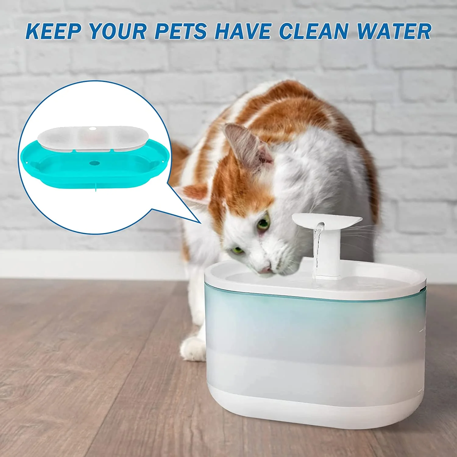 Cat drinking from automatic pet water fountain; modern design, white and turquoise colors. Ensures clean, fresh water for pets. Ideal for cats and dogs.