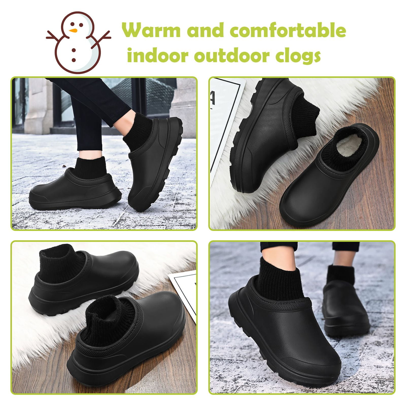 Black indoor outdoor clogs with cozy lining, slip-resistant sole, and sock-like ankle design. Perfect for winter comfort and style.