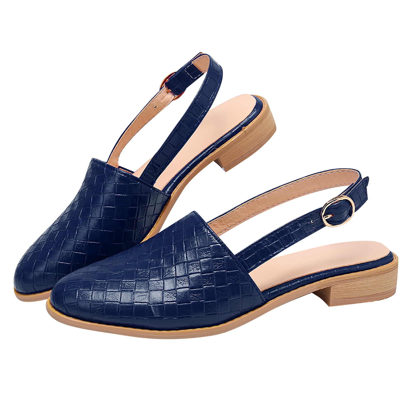 Women's navy blue woven leather slingback flats with low wooden heels, featuring adjustable ankle straps. Stylish, comfortable footwear for casual wear.