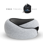 Gray travel neck pillow with black mesh, ergonomic design for comfort, includes free drawstring bag. Ideal for travel, support, and relaxation.