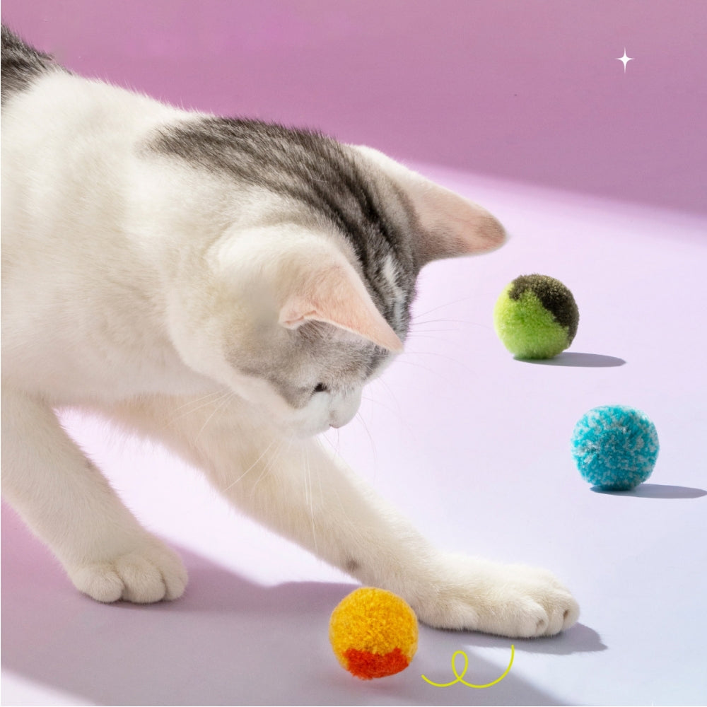 Cat playing with colorful plush balls on a pastel background, featuring a yellow, green, and blue ball. Perfect interactive toy for playful cats.