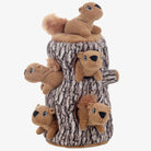 Plush squirrel dog toy set with tree trunk design, featuring multiple squeaky squirrels for interactive pet play. Ideal for dog enrichment activities.