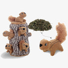 Plush squirrel dog toy set with tree trunk design, featuring multiple squeaky squirrels and catnip, ideal for pet enrichment and interactive play.