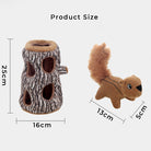 Squirrel dog toy set with plush tree trunk and squirrel, interactive pet enrichment toy, dimensions: trunk 25x16cm, squirrel 13x5cm.